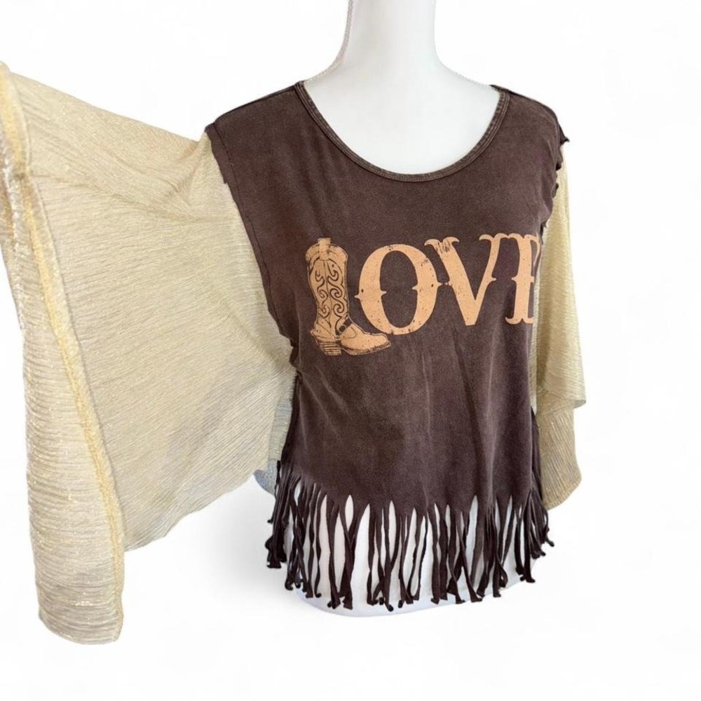 UPCYCLED BROWN GOLD FRINGE CROP TOP‎ COUNTRY WESTERN FLARED SLEEVES LADIES SMALL